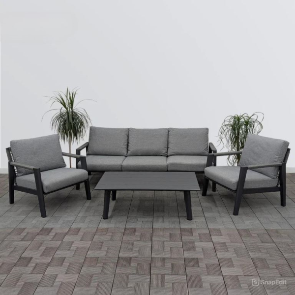 Комплект плетеной мебели HANA каркас чёрный (диван 3-х + коф.столик + 2 кресла с подушками)