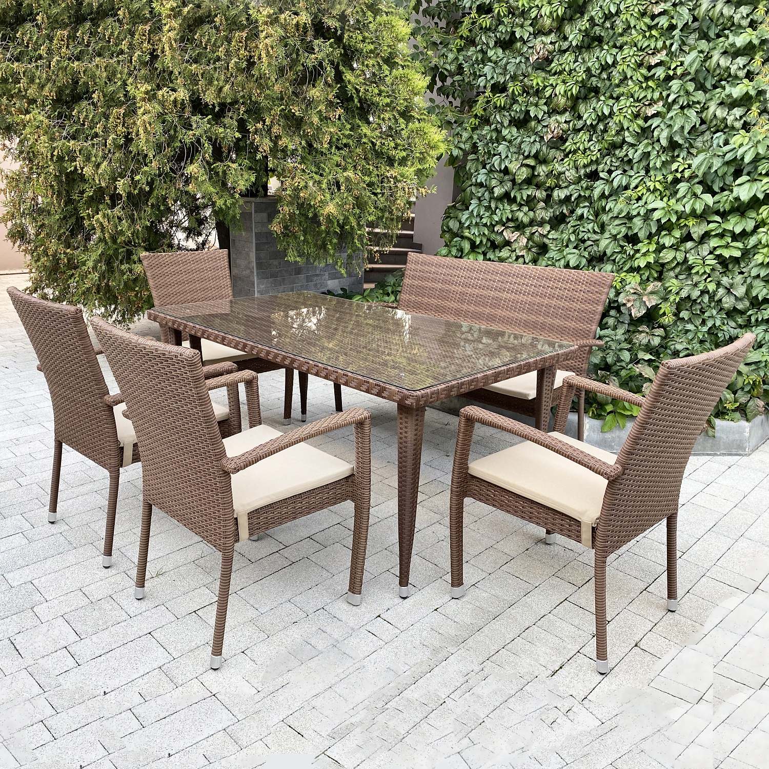 Комплект плетеной мебели БАЛИ (стол, 4 кресла и лавка)